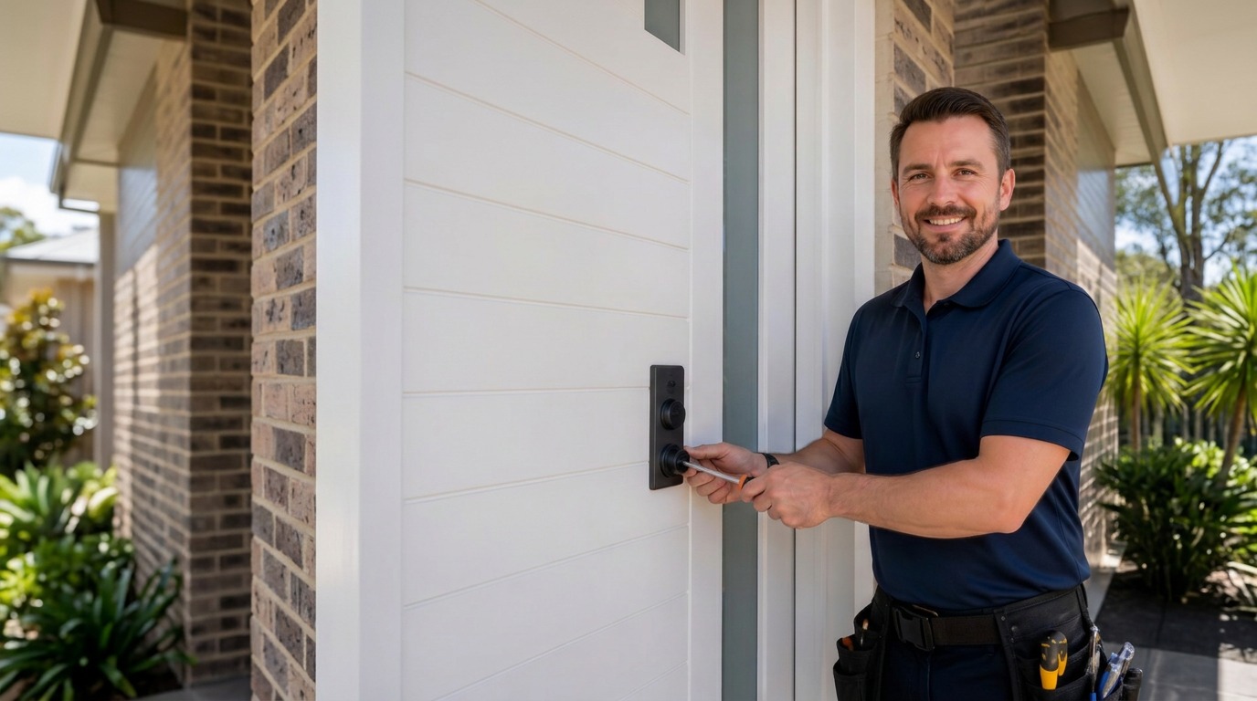 TrustedKey Locksmith technician in uniform fitting a deadbolt on a Melbourne front door